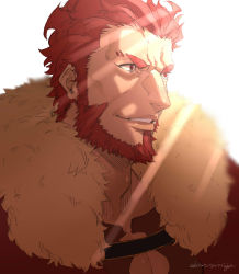 Rule 34 | 1boy, armor, beard, breastplate, cape, facial hair, fate/grand order, fate (series), fur collar, highres, iskandar (fate), k (chissaiossan), leather, light rays, looking at another, male focus, open mouth, pectorals, red eyes, red hair, smile, solo, white background