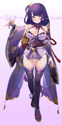 Rule 34 | 1girl, absurdres, bare shoulders, black thighhighs, breasts, cleavage, commentary request, detached sleeves, full body, genshin impact, gluteal fold, gradient background, highres, incredibly absurdres, large breasts, looking at viewer, purple background, purple eyes, purple hair, purple sleeves, raiden shogun, solo, tabi, thick thighs, thighhighs, thighs, waterring, wide sleeves