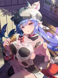 Rule 34 | 1girl, :o, blue hair, blush, breasts, catura (granblue fantasy), cow hat, from above, granblue fantasy, highres, ice cream cone, large breasts, looking at viewer, nino (shira), outstretched hand, purple eyes, sitting, solo, thighhighs, thighs, wide sleeves