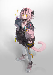 Rule 34 | 1girl, absurdres, animal ears, arknights, black bow, black bracelet, black hairband, black skirt, blue bow, blue jacket, blush, bow, braid, cat ears, cat girl, cat tail, chinese commentary, commentary, floppy ears, full body, goldenglow (arknights), grey hair, hair bow, hairband, hand on own hip, hand up, highres, holding, holding scissors, infection monitor (arknights), jacket, lightning bolt print, long hair, long sleeves, looking at viewer, multicolored clothes, multicolored jacket, pink footwear, pink jacket, print bow, print hairband, robinlovesop, scissors, shirt, shoes, simple background, skirt, solo, standing, tail, thighhighs, two-tone jacket, v-shaped eyebrows, white shirt, white thighhighs, yellow eyes