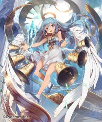 Rule 34 | 10s, 1girl, :d, bell, bell earrings, bellringer angel, belt, blue eyes, blue footwear, blue hair, cloud, crystal, day, dress, earrings, full body, hair ornament, hairclip, halo, jewelry, official art, open mouth, outdoors, shadowverse, shindou kamichi, shingeki no bahamut, shoes, smile, solo, stairs, sun, watermark, white dress, white wings, wings, wristband