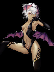 Rule 34 | 10s, 1girl, altera (fate), alternate costume, armpits, bat wings, black background, breasts, collarbone, dark-skinned female, dark skin, fate/extella, fate/extra, fate/grand order, fate (series), feet out of frame, full-body tattoo, gloves, highres, legs, looking at viewer, midriff, navel, nekobell, red eyes, short hair, simple background, socks, solo, tagme, tan, tattoo, thighs, white hair, wings