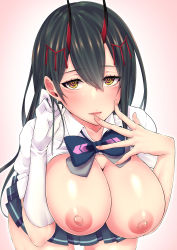 Rule 34 | 1girl, absurdres, azur lane, black hair, blue skirt, blush, breasts, breasts out, cleavage, commentary request, gloves, gradient background, grey background, hair between eyes, hair ornament, half-closed eyes, hand to own mouth, highres, horns, kira kazuki, large breasts, leaning forward, lips, long hair, looking at viewer, nipples, oni horns, open clothes, parted lips, pleated skirt, school uniform, shirt, simple background, single glove, skirt, sleeves rolled up, solo, suzuya (azur lane), white gloves, white shirt, yellow eyes
