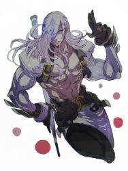 Rule 34 | 1boy, absurdres, belt, black gloves, blue eyes, closed mouth, gloves, grey hair, guilty gear, hair over one eye, highres, holding, holding weapon, long hair, male focus, muscular, navel, original, topless male, simple background, sketch, solo, venom (guilty gear), weapon, white background, white hair, yohane shimizu