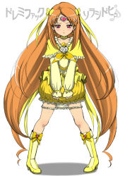 Rule 34 | 10s, 1girl, blush, boots, bow, brown hair, bubble skirt, cure muse, cure muse (yellow), frills, full body, knee boots, long hair, panties, panty pull, precure, ribbon, shirabe ako, simple background, skirt, solo, standing, suite precure, sweat, underwear, very long hair, white background, white panties, yamada ichizoku, yellow bow, yellow skirt