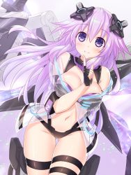 Rule 34 | 1girl, adult neptune, bare shoulders, black gloves, blush, breasts, cleavage, closed mouth, fingerless gloves, gloves, gluteal fold, hand up, headgear, highres, kazuneko (wktk1024), large breasts, legs, long hair, looking at viewer, midriff, navel, neptune (neptunia), neptune (series), purple eyes, purple hair, see-through, skindentation, smile, solo, thigh strap, thighs, wings