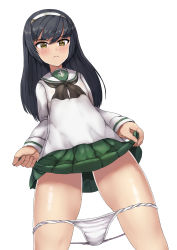 Rule 34 | 10s, 1girl, bad id, bad pixiv id, black hair, blush, breasts, clothes lift, girls und panzer, hair ornament, hairband, highres, looking down, ooarai school uniform, panties, panty pull, reizei mako, school uniform, sikijou77o, simple background, skirt, skirt lift, small breasts, solo, underwear, white background, white panties, yellow eyes