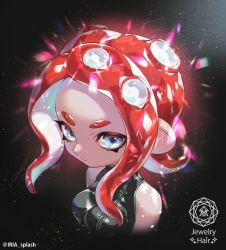 Rule 34 | 1girl, agent 8 (splatoon), bandana, black bandana, black jacket, closed mouth, commentary, english text, grey eyes, iria (yumeirokingyo), jacket, light frown, light particles, looking at viewer, makeup, medium hair, nintendo, octoling, octoling girl, octoling player character, pointy ears, red hair, sleeveless, sleeveless jacket, solo, sparkle, suction cups, tentacle hair, twintails, upper body