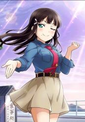 Rule 34 | 1girl, ;), artist name, artist request, bare legs, belt, black belt, black hair, blue shirt, blue sky, blunt bangs, brown skirt, clenched hand, cloud, collared shirt, day, female focus, green eyes, hair ornament, hairclip, hairpin, kurosawa dia, long hair, looking at viewer, love live!, love live! school idol festival, love live! sunshine!!, miniskirt, mole, mole under mouth, necktie, one eye closed, outdoors, plaid, plaid skirt, pleated, pleated skirt, reaching, reaching towards viewer, red necktie, shirt, skirt, sky, sleeve cuffs, smile, solo, tie clip, wink