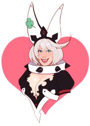 Rule 34 | 1girl, animal ears, blue eyes, breasts, cleavage, cleavage cutout, clothing cutout, clover, collar, elphelt valentine, entheighth, four-leaf clover, guilty gear, guilty gear xrd, hairband, highres, large breasts, looking at viewer, open mouth, short hair, smile, spiked collar, spiked hairband, spikes, white hair
