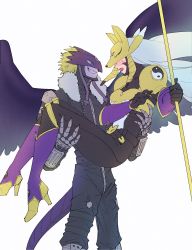 Rule 34 | 1boy, 1girl, absurdres, armor, ass, beelzebumon, belt, black bodysuit, black jacket, black wings, blonde hair, blush, bodysuit, breasts, buckle, carrying, claws, colored skin, commentary request, covered collarbone, covered eyes, cowboy shot, detached sleeves, digimon, digimon (creature), digital hazard, embarrassed, facial mark, feathered wings, floating hair, fox mask, fur-trimmed jacket, fur trim, gauntlets, gloves, green eyes, grin, high heels, highres, holding, holding staff, jacket, lipstick, long hair, looking at another, makeup, mask, medium breasts, nose blush, open clothes, open jacket, open mouth, princess carry, purple legwear, purple lips, purple sleeves, raichi274, sakuyamon, short hair, silver hair, simple background, smile, staff, standing, stirrup legwear, tail, teeth, third eye, toeless legwear, twintails, very long hair, white background, wings, yellow armor, yellow footwear, yin yang, yin yang print, zipper