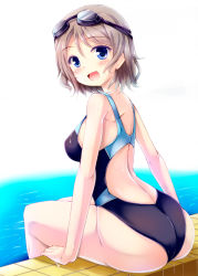 Rule 34 | 10s, 1girl, :d, ass, back, blonde hair, blue eyes, blue one-piece swimsuit, breasts, competition swimsuit, from behind, goggles, goggles on head, large breasts, light brown hair, looking at viewer, looking back, love live!, love live! school idol project, love live! sunshine!!, one-piece swimsuit, open mouth, pool, poolside, short hair, sitting, smile, soaking feet, solo, swimsuit, tekehiro, thighs, watanabe you