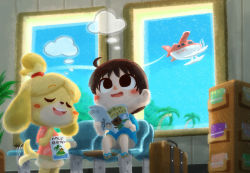 Rule 34 | 1boy, 1girl, ahoge, aircraft, airplane, animal crossing, animal ears, blue sky, blush stickers, brochure, chair, chamaji, commentary request, contrail, dog ears, dog girl, dog tail, closed eyes, furry, hair tie, highres, holding, imagining, isabelle (animal crossing), leaf print, magazine rack, nintendo, palm tree, sandals, seaplane, short hair, short sleeves, shorts, sitting, skirt, sky, smile, suitcase, tail, tail wagging, topknot, tree, villager (animal crossing), window