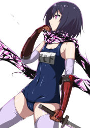 Rule 34 | 10s, 1girl, bare shoulders, black hair, covered navel, elbow gloves, gloves, katana, mata-aro, name tag, ninja slayer, old school swimsuit, one-piece swimsuit, purple eyes, scarf, school swimsuit, short hair, solo, swimsuit, sword, thighhighs, vambraces, weapon, white background, yamoto koki