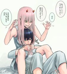 Rule 34 | 10s, 1boy, 1girl, black hair, blush, comic, commentary request, couple, darling in the franxx, fringe trim, green eyes, hands up, hetero, hiro (darling in the franxx), holding, holding hair, horns, long hair, nightgown, oni horns, pajamas, pink hair, red horns, sakuragouti, short hair, sitting, sitting on person, sleeveless, speech bubble, translation request, zero two (darling in the franxx)