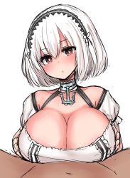 Rule 34 | 1girl, azur lane, breasts, cleavage, hair ornament, large breasts, looking at viewer, malice stella, navel, paizuri, paizuri under clothes, pov, simple background, sirius (azur lane), solo focus, white background, white hair