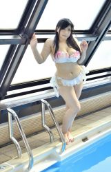 Rule 34 | 1girl, asian, bikini, black hair, breasts, chouzuki maryou, cleavage, large breasts, photo (medium), plump, rei no pool, solo, swimsuit