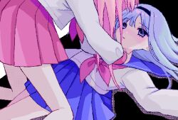 Rule 34 | 2girls, bent over, black background, black hairband, blue hair, blue sailor collar, blue skirt, blush, commentary request, feet out of frame, girl on top, hair spread out, hairband, hand on another&#039;s neck, hand out of frame, light blue hair, long hair, long sleeves, looking at another, lying, multiple girls, neckerchief, on back, original, parted lips, pink hair, pink neckerchief, pink skirt, pixel art, pleated skirt, purple eyes, sailor collar, school uniform, shirt, shizumu (shi zumu), simple background, skirt, white shirt