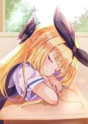 Rule 34 | 1girl, baram, black bow, black ribbon, blonde hair, blurry, blurry background, blush, bow, closed eyes, closed mouth, commentary request, day, depth of field, desk, hair bow, hair ribbon, highres, indoors, long hair, mononobe alice, multicolored hair, nijisanji, purple hair, ribbon, school desk, school uniform, shirt, short sleeves, smile, solo, sweater vest, two-tone hair, upper body, virtual youtuber, white shirt