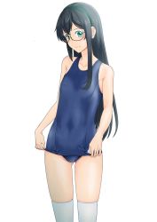 Rule 34 | 1girl, alternate costume, black-framed eyewear, black hair, blue one-piece swimsuit, collarbone, covered erect nipples, cowboy shot, flat chest, green eyes, hairband, highres, kantai collection, long hair, looking at viewer, mikan 29344886, one-piece swimsuit, ooyodo (kancolle), parted bangs, round eyewear, school swimsuit, semi-rimless eyewear, simple background, skindentation, solo, swimsuit, thighhighs, under-rim eyewear, white background, white hairband, white thighhighs