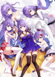 Rule 34 | 5girls, absurdres, azur lane, bed sheet, blunt bangs, bly-yuan, breasts, china dress, chinese clothes, cleavage, collarbone, commentary request, cosplay, detached sleeves, dress, eyes visible through hair, garter straps, hair between eyes, hair ornament, hair scrunchie, hair tubes, highres, lolita fashion, long hair, long sleeves, looking at viewer, low twintails, lying, multiple girls, multiple persona, obi, official alternate costume, on back, on side, one side up, pantyhose, ponytail, purple dress, purple eyes, sash, scrunchie, short sleeves, sidelocks, smile, thighhighs, twintails, unicorn (azur lane), unicorn (little star songstress) (azur lane), unicorn (long-awaited date) (azur lane), unicorn (prayer of plum and snow) (azur lane), unicorn (the gift of spring) (azur lane), vocaloid, wa lolita, white dress, white pantyhose, xingchen, xingchen (cosplay), zettai ryouiki