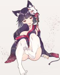 Rule 34 | 1girl, :d, animal ear fluff, animal ears, arm support, azur lane, bad id, bad pixiv id, black hair, black kimono, blush, breasts, cat ears, collarbone, detached sleeves, fang, feet, fox mask, hair ornament, head tilt, japanese clothes, kimono, large breasts, long sleeves, looking at viewer, mask, mask on head, no shoes, open mouth, panties, pantyshot, print kimono, red eyes, short hair, sitting, smile, soles, solo, thighhighs, tsuka, underwear, white panties, white thighhighs, wide sleeves, yamashiro (azur lane)