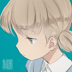 Rule 34 | 10s, 1girl, aki (girls und panzer), bad id, bad pixiv id, blonde hair, blue eyes, chimaki (u9works), frown, girls und panzer, looking down, portrait, profile, sad, short hair, short twintails, simple background, solo, twintails, twitter username