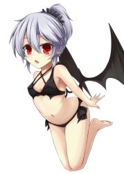 Rule 34 | 1girl, :o, akisome hatsuka, alternate costume, alternate hairstyle, bare arms, bat wings, bikini, black bikini, blush, breasts, covered erect nipples, fang, looking at viewer, navel, open mouth, pointy ears, ponytail, red eyes, remilia scarlet, short hair, silver hair, simple background, small breasts, solo, swimsuit, touhou, white background, wings