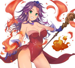 Rule 34 | &gt;:d, 1girl, :d, angela (seiken densetsu 3), bare shoulders, blue ribbon, breasts, cleavage, collarbone, contrapposto, creature, elbow gloves, female focus, fire, fire, floating, gloves, green eyes, grin, hair ribbon, hat, holding, holding staff, jewelry, large breasts, leotard, long hair, looking at viewer, necklace, open mouth, outstretched arm, partially visible vulva, plum (arch), pointy ears, purple gloves, purple hair, red leotard, ribbon, seiken densetsu, seiken densetsu 3, simple background, smile, solo, staff, standing, strapless, strapless leotard, teeth, thighs, v-shaped eyebrows, very long hair, waist cape, white background