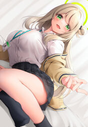 Rule 34 | 1girl, ass, awa yume, black footwear, black skirt, blue archive, blush, breasts, buttons, collared shirt, green eyes, green halo, halo, highres, id card, jacket, lanyard, large breasts, light brown hair, long hair, long sleeves, looking at viewer, nonomi (blue archive), open clothes, open jacket, open mouth, pleated skirt, shirt, shoes, skirt, smile, solo, white shirt, yellow jacket