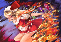 Rule 34 | 1girl, bare legs, blonde hair, breath weapon, breathing fire, dacho, embodiment of scarlet devil, fang, female focus, fire, flaming sword, flaming weapon, flandre scarlet, gradient background, grin, hat, hat ribbon, long hair, midriff, necktie, open clothes, red eyes, ribbon, skirt, skirt set, smile, solo, sword, touhou, weapon, wings