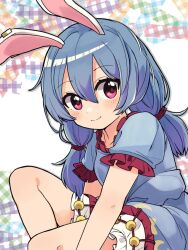 Rule 34 | 1girl, animal ears, bloomers, blue dress, blue hair, blush, breasts, collarbone, dress, feet out of frame, frills, long hair, looking at viewer, low twintails, plaid, purple eyes, rabbit ears, red eyes, seiran (touhou), simple background, small breasts, smile, solo, touhou, twintails, underwear, white background, yamase