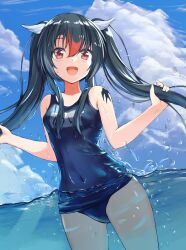 Rule 34 | 1girl, :d, akabane hibame, bare arms, black hair, blue one-piece swimsuit, blue sky, blush, breasts, cloud, commentary request, covered navel, cowboy shot, day, happy, highres, long hair, looking at viewer, multicolored hair, one-piece swimsuit, open mouth, orange hair, original, outdoors, partially submerged, red eyes, school swimsuit, sidelocks, sky, small breasts, smile, solo, streaked hair, swimsuit, twintails, twintails day, very long hair, w arms, water, water drop, wet, wing hair ornament