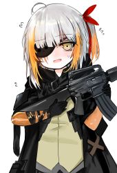 Rule 34 | 1girl, absurdres, aged down, ahoge, assault rifle, bad id, bad pixiv id, black gloves, black jacket, blush, brown eyes, brown shirt, commentary request, dokomon, eyepatch, fang, flying sweatdrops, girls&#039; frontline, gloves, gun, hair ribbon, head tilt, highres, holding, holding gun, holding weapon, jacket, korean commentary, long hair, looking at viewer, m16, m16a1, m16a1 (boss) (girls&#039; frontline), m16a1 (girls&#039; frontline), multicolored hair, name connection, object namesake, one side up, open clothes, open jacket, open mouth, orange hair, red hair, red ribbon, ribbon, rifle, shirt, silver hair, simple background, solo, streaked hair, sweat, upper body, weapon, white background