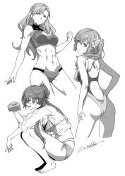 Rule 34 | 3girls, abs, alternate costume, ass, asymmetrical bangs, asymmetrical hair, aurelia le guin, backless swimsuit, bare legs, barefoot, bikini, bikini under clothes, blush, braid, breasts, can, claire rieveldt, cleavage, cleavage cutout, clenched hand, closed mouth, clothing cutout, commentary, competition swimsuit, cowboy shot, cropped legs, drunk, earrings, eiyuu densetsu, expressionless, eyebrows hidden by hair, falcom, flower, french braid, full body, greyscale, hair between eyes, hair flower, hair ornament, hand on own hip, highres, holding, holding can, jewelry, light smile, long hair, looking at viewer, medium breasts, monochrome, multiple girls, navel, one-piece swimsuit, open mouth, ponytail, sara valestein, see-through, see-through shirt, sen no kiseki, side-tie bikini bottom, side ponytail, signature, simple background, squatting, standing, stomach, swimsuit, toned, wavy mouth, werkbau, white background