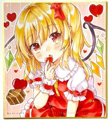 Rule 34 | 1girl, ascot, blonde hair, bow, chocolate, crystal, eating, fang, flandre scarlet, frilled shirt collar, frilled sleeves, frills, hair ribbon, heart, highres, medium hair, mimi (mimi puru), one side up, open mouth, puffy short sleeves, puffy sleeves, red bow, red eyes, red ribbon, red skirt, red vest, ribbon, shikishi, shirt, short sleeves, skirt, solo, touhou, traditional media, valentine, vest, waist bow, white shirt, wings, yellow ascot