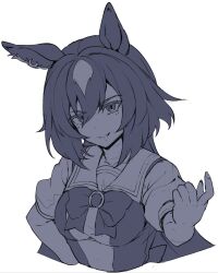 Rule 34 | 1girl, animal ears, beckoning, border, bow, bowtie, breasts, commentary request, cropped torso, greyscale, hair between eyes, hand up, head tilt, highres, horse ears, long hair, looking at viewer, monochrome, parted lips, partial commentary, sailor collar, school uniform, shiro3necro, short sleeves, sirius symboli (umamusume), small breasts, solo, tracen school uniform, umamusume, upper body