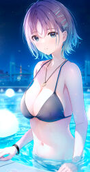 Rule 34 | 1girl, absurdres, asakura toru, bikini, black bikini, blue hair, blurry, blurry background, blush, bracelet, breasts, cleavage, collarbone, commentary request, fujinomiya rio, hair ornament, hairpin, highres, idolmaster, idolmaster shiny colors, jewelry, large breasts, looking at viewer, navel, necklace, night, night sky, outdoors, partially submerged, pool, poolside, purple hair, reflection, reflective water, refraction, ring, ring necklace, short hair, sky, solo, star (sky), swimsuit, wet, wet hair