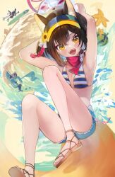 Rule 34 | 3girls, animal ear fluff, animal ears, armpits, arms up, ball, bikini, blue archive, blue bikini, blue shorts, breasts, brown footwear, brown hair, commentary, denim, denim shorts, fox ears, fox girl, fox tail, halo, holding, holding ball, izuna (blue archive), izuna (swimsuit) (blue archive), knees up, kuronuma s, legs, looking at viewer, medium breasts, michiru (blue archive), midriff, multiple girls, official alternate costume, official alternate hairstyle, open mouth, pink halo, sandals, shorts, smile, solo, solo focus, striped bikini, striped clothes, swimsuit, tail, toenails, toes, tsukuyo (blue archive), visor cap, yellow eyes