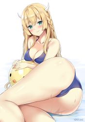 1girl ass azur_lane ball bare_shoulders beachball bikini blonde_hair blue_bikini blush braid breasts cameltoe collarbone green_eyes head_tilt highres horns kaetzchen kongou_(azur_lane) large_breasts long_hair looking_at_viewer shiny_skin side_braid sidelocks signature simple_background smile solo swimsuit thighs wet white_background