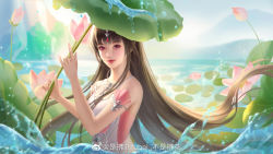 Rule 34 | 1girl, brown hair, douluo dalu, dress, from side, hair ornament, highres, holding, holding plant, light, lily pad, long hair, looking at viewer, mountain, pink dress, plant, shi fuibei fubei bushi fu hua, smile, solo, splashing, water, xiao wu (douluo dalu)