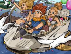 Rule 34 | 1boy, 2girls, arm warmers, artist name, ayla (chrono trigger), balloon, bare arms, bare shoulders, bird, blonde hair, blue eyes, bottle, candy, cavewoman, chrono trigger, closed mouth, commentary, confetti, crono (chrono trigger), curly hair, epoch, fake tail, flying, food, forehead, headband, highres, holding, holding bottle, holding candy, holding food, holding lollipop, island, katana, lollipop, long hair, looking at viewer, marle (chrono trigger), multiple girls, ocean, open mouth, outdoors, ponytail, red hair, shadow, short hair, sitting, spacecraft, spiked hair, sword, tail, teeth, toned, toned male, tunic, upper body, upper teeth only, uzutanco, v-shaped eyebrows, weapon, white bird, white headband, wine bottle