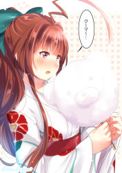 Rule 34 | 1girl, ahoge, bad id, bad pixiv id, blush, breasts, brown eyes, brown hair, commentary request, fang, floral print, flying sweatdrops, hair intakes, holding, huge ahoge, japanese clothes, juurouta, kantai collection, kimono, kuma (kancolle), long hair, long sleeves, obi, open mouth, print kimono, red sash, sash, solo, speech bubble, translated, upper body, white kimono, wide sleeves