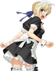 Rule 34 | 00s, 1girl, ahoge, angry, artoria pendragon (all), artoria pendragon (fate), blonde hair, blush, fate/stay night, fate (series), green eyes, hair ribbon, maid, official alternate costume, ribbon, saber (fate), solo, takeuchi takashi, thighhighs, transparent background