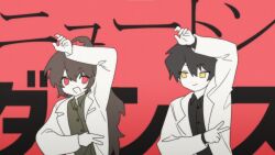 Rule 34 | 1boy, 1girl, arm up, ayin (project moon), bbunny, black hair, black shirt, brown hair, carmen (project moon), coat, collared shirt, green shirt, high ponytail, lab coat, lobotomy corporation, long hair, long sleeves, looking at another, newton dance (vocaloid), open mouth, project moon, red background, red eyes, shirt, smile, upper body, v, very long hair, white coat, yellow eyes