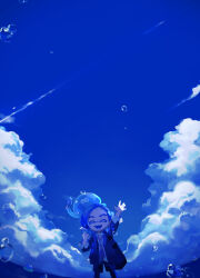 Rule 34 | 1boy, :d, ^ ^, air bubble, arm up, bag, black shorts, blue cardigan, blue hair, blue sky, bubble, cardigan, closed eyes, cloud, cloudy sky, collared shirt, cowboy shot, eyebrow cut, fangs, food, highres, holding, holding food, holding popsicle, inkling, inkling boy, inkling player character, jellyfish (splatoon), male focus, necktie, nintendo, open cardigan, open clothes, open mouth, pointy ears, ponytail, popsicle, scenery, school uniform, shirt, shorts, shoulder bag, sky, sleeves rolled up, smile, splatoon (series), striped necktie, tentacle hair, waving, white shirt, zzz30m