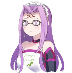 Rule 34 | 1girl, :&gt;, apron, black-framed eyewear, blush, closed mouth, clothes writing, detached collar, elbow gloves, facial mark, fate/grand order, fate/hollow ataraxia, fate (series), forehead mark, glasses, gloves, headdress, idk-kun, long hair, medusa (fate), medusa (rider) (fate), no nose, parted bangs, purple eyes, purple hair, simple background, smile, snake hair, solo, upper body, white apron, white background