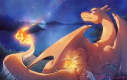 Rule 34 | charizard, charmander, closed mouth, commentary request, creatures (company), closed eyes, fang, fang out, fangs, flame-tipped tail, game freak, gen 1 pokemon, grass, highres, ivory (25680nico), night, nintendo, no humans, open mouth, outdoors, pokemon, pokemon (creature), shooting star, sky, sleeping, star (sky)