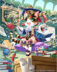 Rule 34 | 1girl, animal ears, bell, book, cardfight!! vanguard, cat, cat ears, cat tail, company name, fang, flower, furry, furry female, gem, green eyes, hat, leaf, official art, pillow, sandals, scroll, sitting, solo, special appointment professor arusha, tadokoro teppei, tail, wand