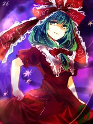 Rule 34 | 1girl, bow, closed mouth, commentary request, dress, front ponytail, green eyes, hair bow, hair ribbon, kagiyama hina, kutsuki kai, medium hair, one-hour drawing challenge, purple background, red bow, red dress, red ribbon, ribbon, short sleeves, smile, solo, touhou